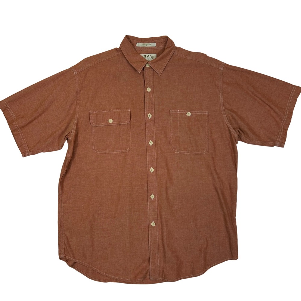 Orvis Mens Large Terracotta Orange 100% Cotton Short Sleeve Button Down Shirt